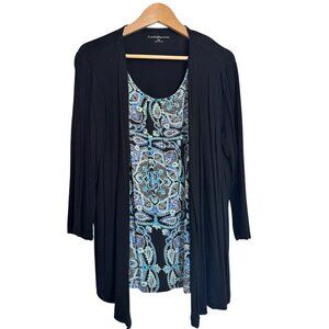 Croft & Barrow Pleated Print Cardigan Blouse Size XL Black Blue EUC